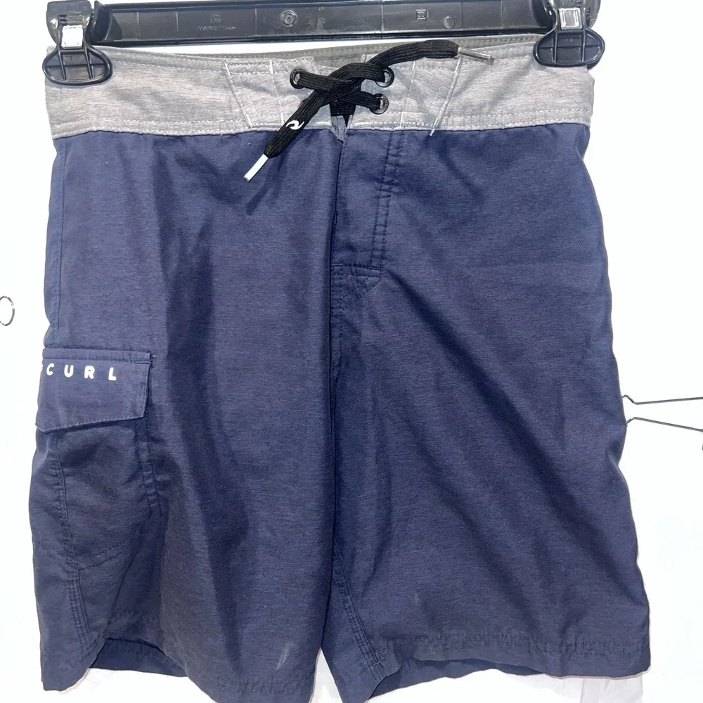 Rip Curl Boardwalk Surfers Boardshorts Navy Blue Gray Boys Size 25 /12 Swim Suit